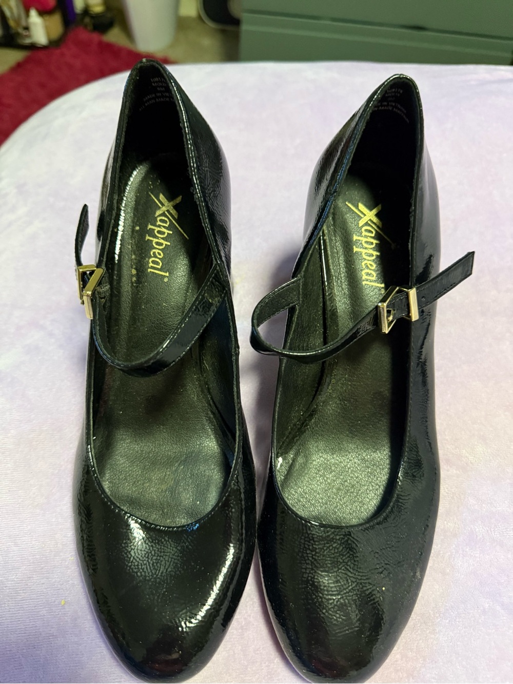 Xappeal Black Patent Mary Jane Heels with Gold Buckle